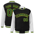 Personalized Black & White & Gold Color Block Satin Full-Snap Varsity Jacket - front view
