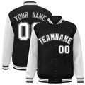 Custom Black & White Color Block Satin Full-Snap Varsity Jacket - front view