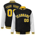 Custom Black & White & Gold Color Block Satin Full-Snap Varsity Jacket - front view