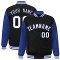 Personalized Black & Royal Blue & White Color Block Satin Full-Snap Varsity Jacket - front view