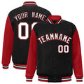 Custom Black & Red & White Color Block Satin Full-Snap Varsity Jacket - front view