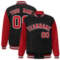Custom Black & Red & White Color Block Satin Full-Snap Varsity Jacket - front view