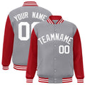 Personalized Gray & Red & White Color Block Satin Full-Snap Varsity Jacket - front view