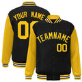 Custom Black & Gold & White Color Block Satin Full-Snap Varsity Jacket - front view