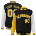 Custom Black & White & Gold Color Block Satin Full-Snap Varsity Jacket - front view