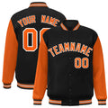 Custom Black & Orange & White Color Block Satin Full-Snap Varsity Jacket - front view