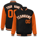 Personalized Black & Orange & White Color Block Satin Full-Snap Varsity Jacket - front view