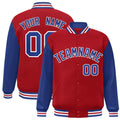 Custom Red & Royal Blue & White Color Block Satin Full-Snap Varsity Jacket - front view