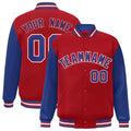 Custom Red & Royal Blue & White Color Block Satin Full-Snap Varsity Jacket - front view