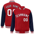 Custom Red & Navy & White Color Block Satin Full-Snap Varsity Jacket - front view