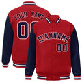 Custom Red & Navy & White Color Block Satin Full-Snap Varsity Jacket - front view