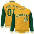Personalized Gold & Green & White Color Block Satin Full-Snap Varsity Jacket - front view