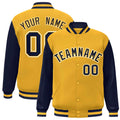 Custom Gold & Navy & White Color Block Satin Full-Snap Varsity Jacket - front view