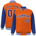 Custom Orange & Royal Blue & White Color Block Satin Full-Snap Varsity Jacket - front view