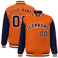 Personalized Orange & Navy & White Color Block Satin Full-Snap Varsity Jacket - front view