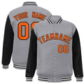 Personalized Gray & Black & Orange Color Block Satin Full-Snap Varsity Jacket - front view