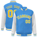 Personalized Powder Blue & White & Gold Color Block Satin Full-Snap Varsity Jacket - front view