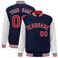 Custom Navy & White & Red Color Block Satin Full-Snap Varsity Jacket - front view
