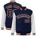 Custom Navy & White & Orange Color Block Satin Full-Snap Varsity Jacket - front view