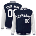 Personalized Navy & White Color Block Satin Full-Snap Varsity Jacket - front view