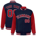 Custom Navy & Red & White Color Block Satin Full-Snap Varsity Jacket - front view