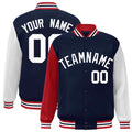 Personalized Navy & White & Red Color Block Satin Full-Snap Varsity Jacket - front view