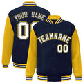Custom Navy & Gold & White Color Block Satin Full-Snap Varsity Jacket - front view