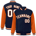 Personalized Navy & Orange & White Color Block Satin Full-Snap Varsity Jacket - front view