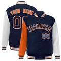 Custom Navy & White & Orange Color Block Satin Full-Snap Varsity Jacket - front view