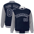 Personalized Navy & Gray & White Color Block Satin Full-Snap Varsity Jacket - front view