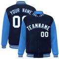 Custom Navy & White & Powder Blue Color Block Satin Full-Snap Varsity Jacket - front view