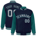 Custom Navy & Teal & Gray Color Block Satin Full-Snap Varsity Jacket - front view