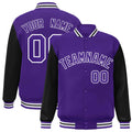 Personalized Purple & Black & White Color Block Satin Full-Snap Varsity Jacket - front view