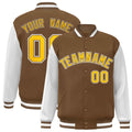 Custom Light Brown & Gold & White Color Block Satin Full-Snap Varsity Jacket - front view