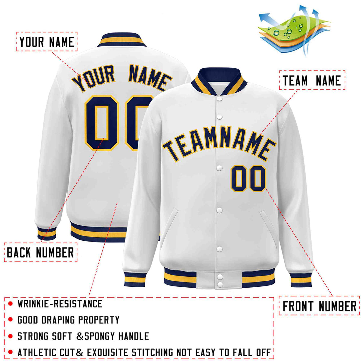 Custom White Navy-Gold Varsity  Jacket Classic Style Full-Snap Letterman
