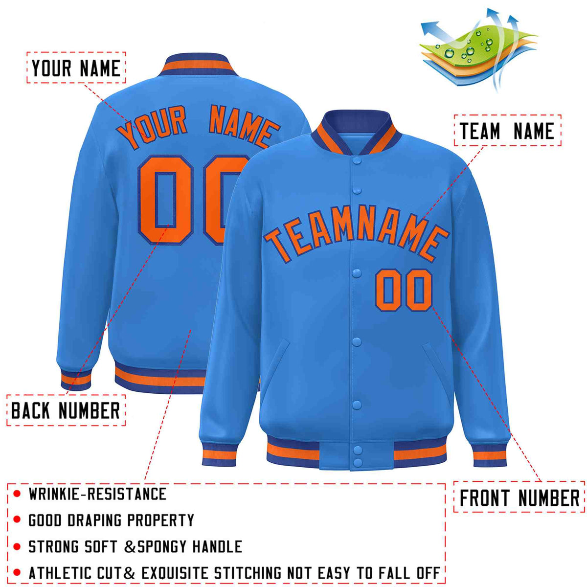 Custom Powder Blue Orange-Royal Varsity  Jacket Classic Style Full-Snap Letterman