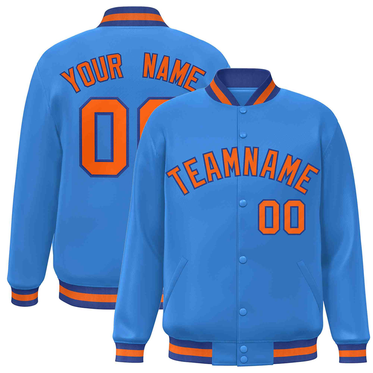 Custom Powder Blue Orange-Royal Varsity  Jacket Classic Style Full-Snap Letterman