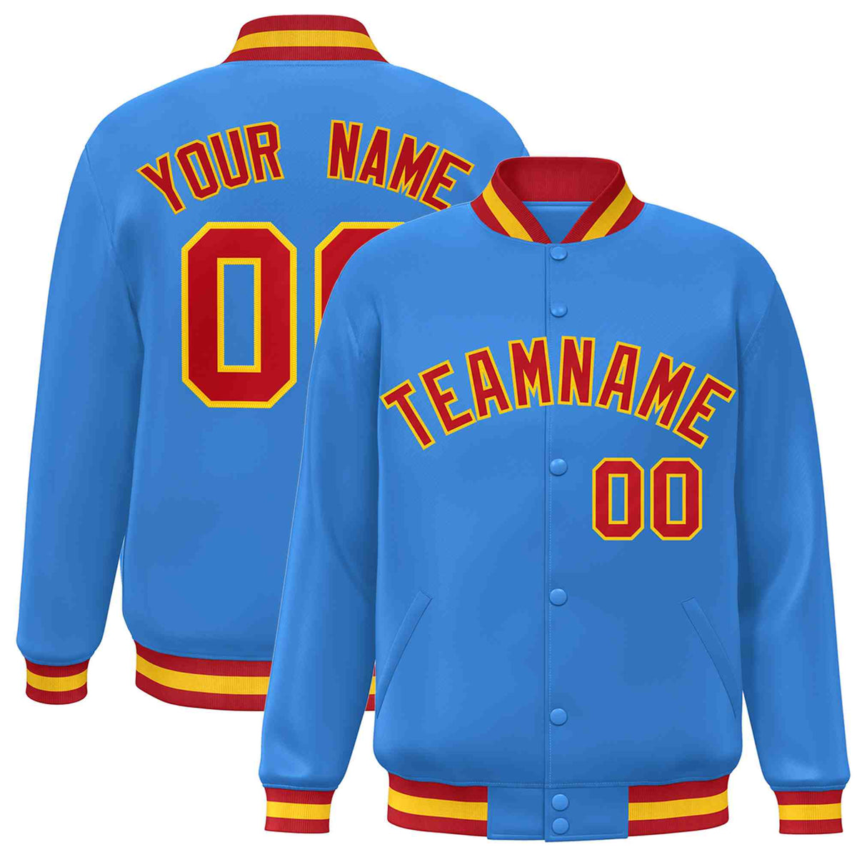 Custom Powder Blue Red-Gold Varsity  Jacket Classic Style Full-Snap Letterman