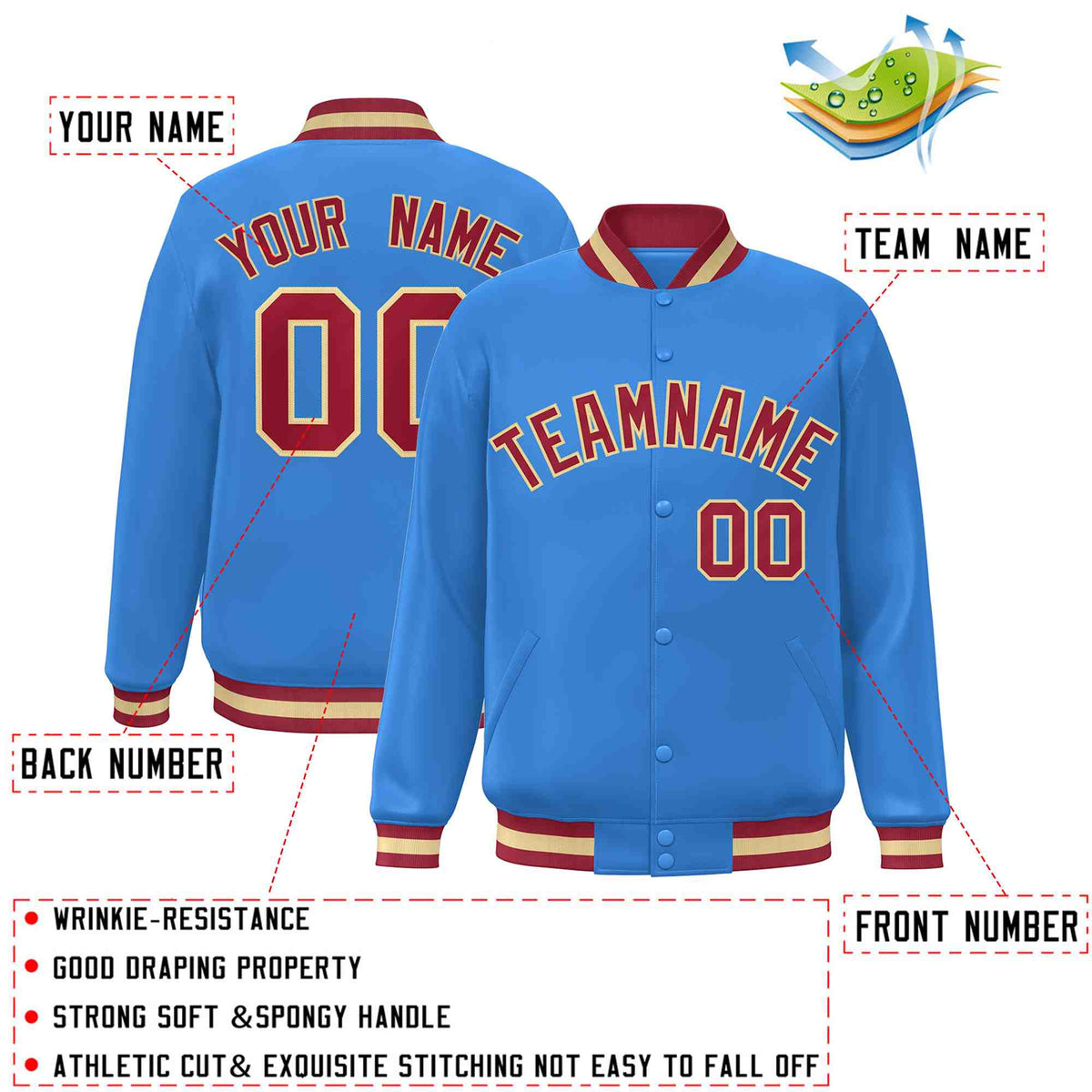 Custom Powder Blue Crimson-Khaki Varsity  Jacket Classic Style Full-Snap Letterman