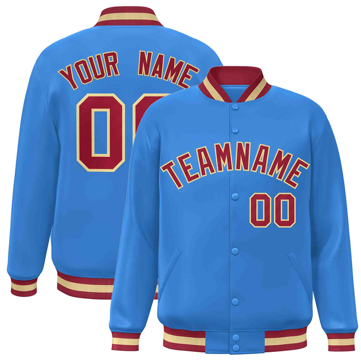 Custom Powder Blue Crimson-Khaki Varsity  Jacket Classic Style Full-Snap Letterman