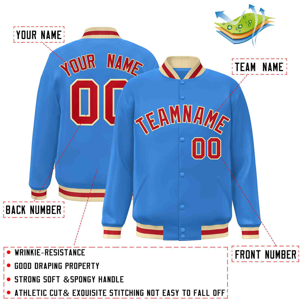 Custom Powder Blue Red-Khaki Varsity  Jacket Classic Style Full-Snap Letterman