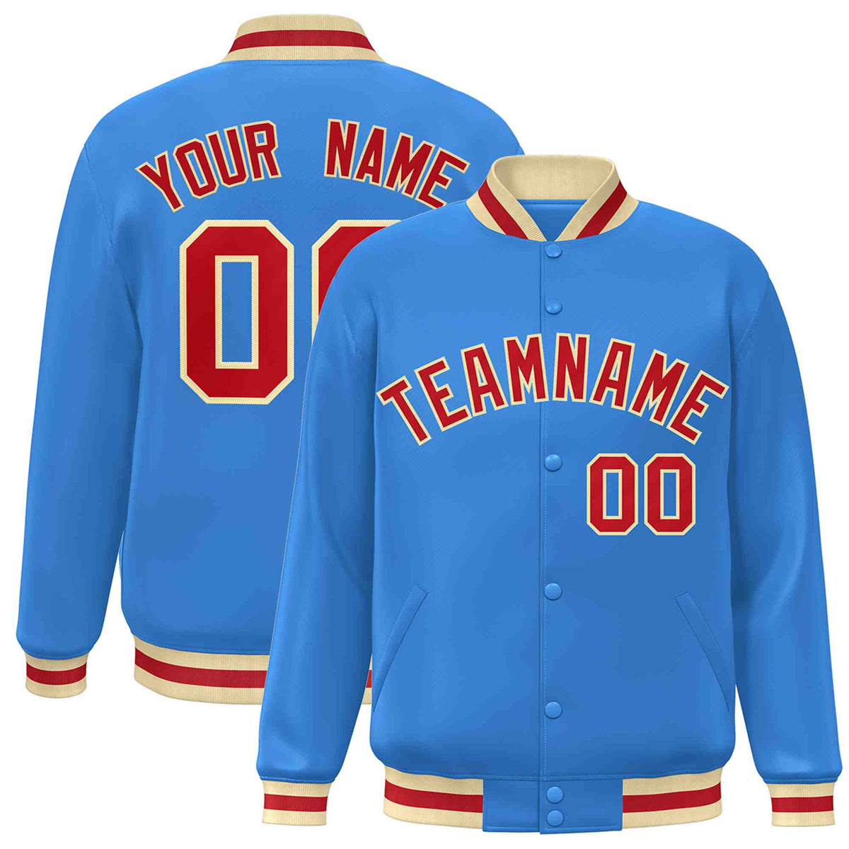 Custom Powder Blue Red-Khaki Varsity  Jacket Classic Style Full-Snap Letterman