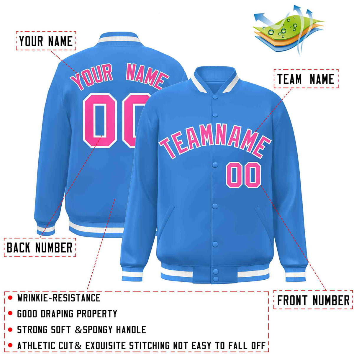Custom Powder Blue Pink-White Varsity  Jacket Classic Style Full-Snap Letterman