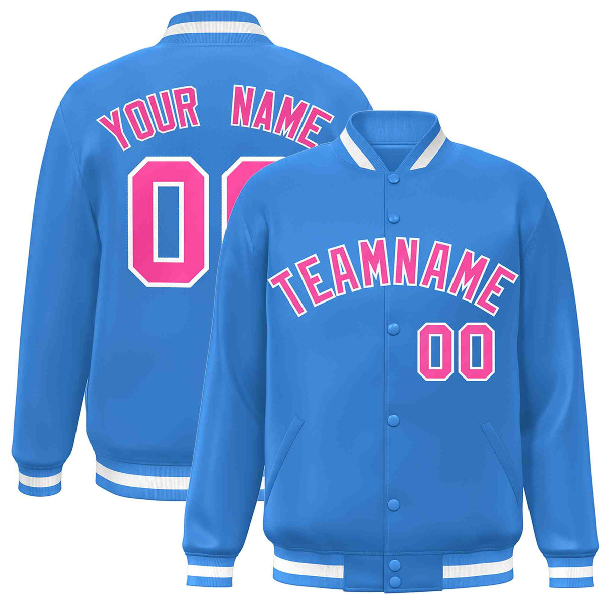 Custom Powder Blue Pink-White Varsity  Jacket Classic Style Full-Snap Letterman