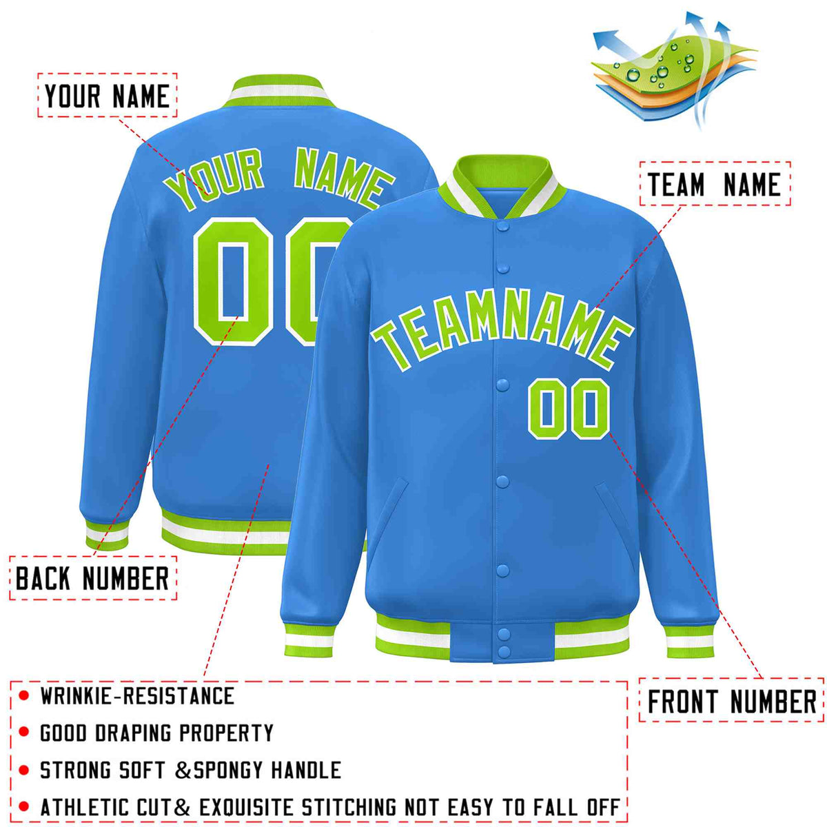 Custom Powder Blue Neon Green-White Varsity  Jacket Classic Style Full-Snap Letterman