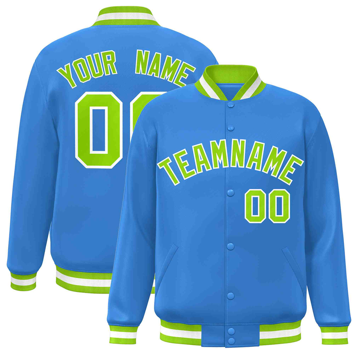 Custom Powder Blue Neon Green-White Varsity  Jacket Classic Style Full-Snap Letterman