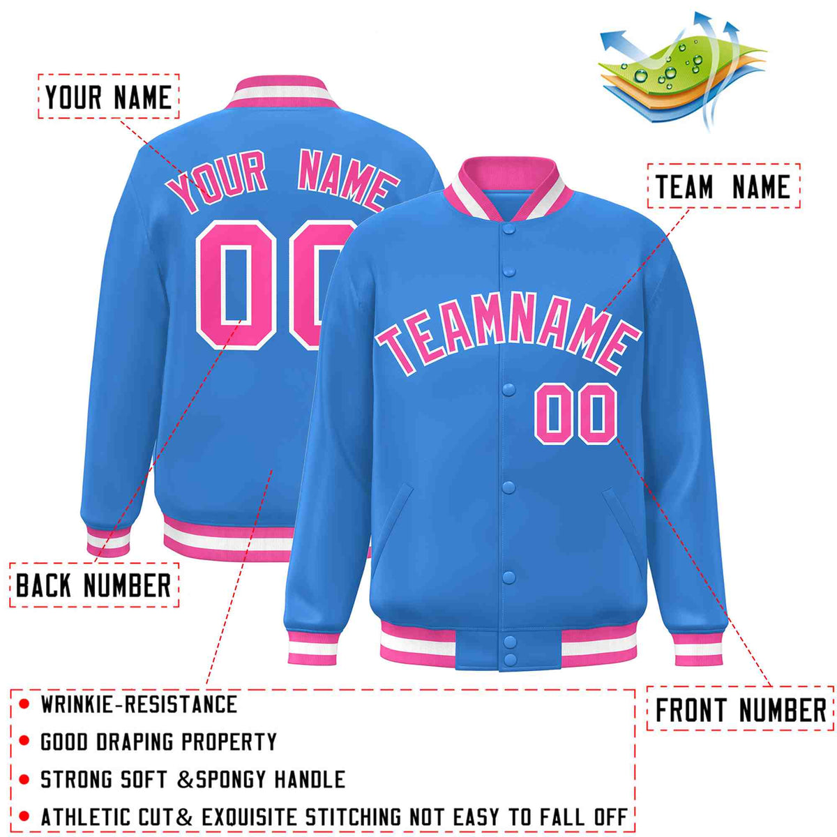 Custom Powder Blue Pink-White Varsity  Jacket Classic Style Full-Snap Letterman
