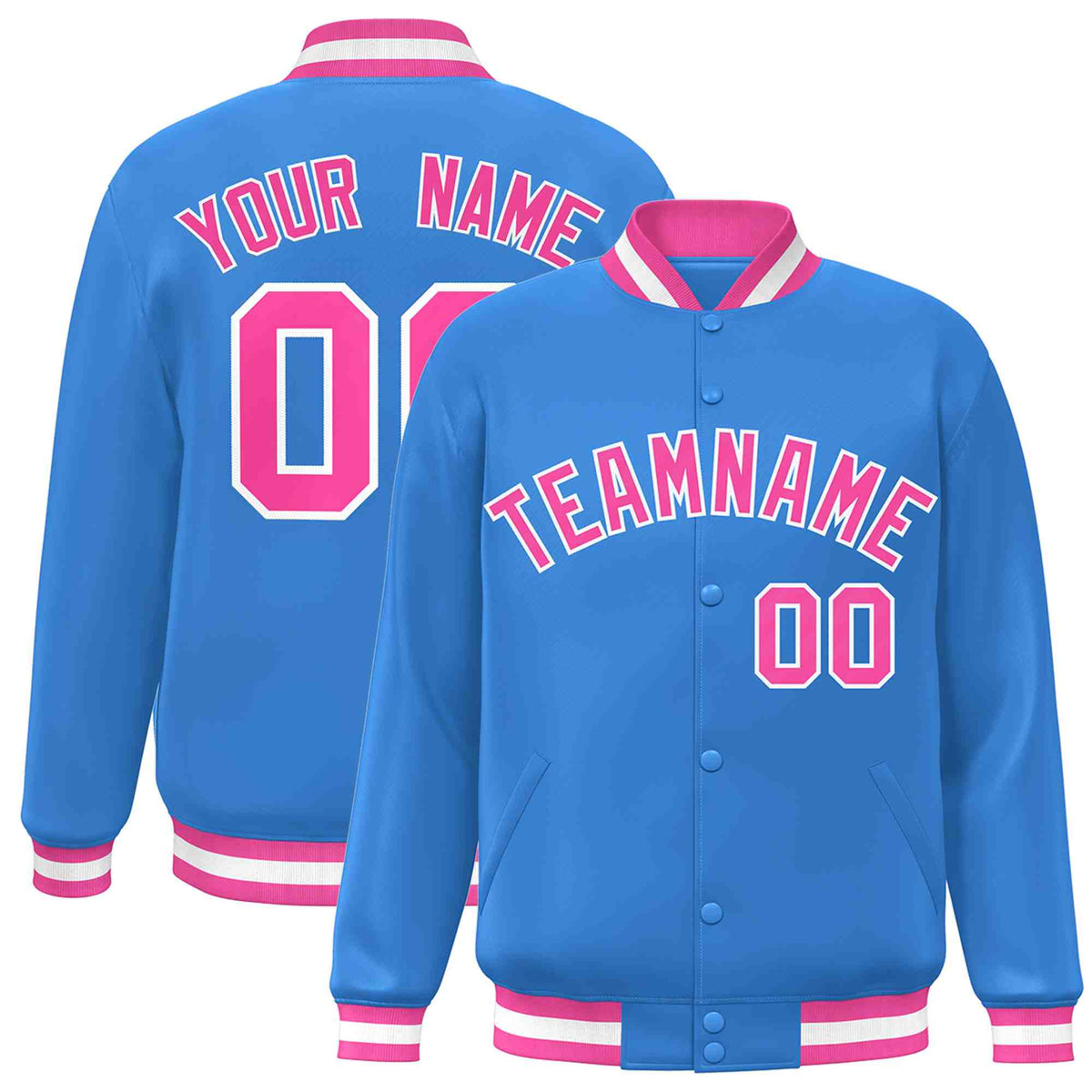 Custom Powder Blue Pink-White Varsity  Jacket Classic Style Full-Snap Letterman