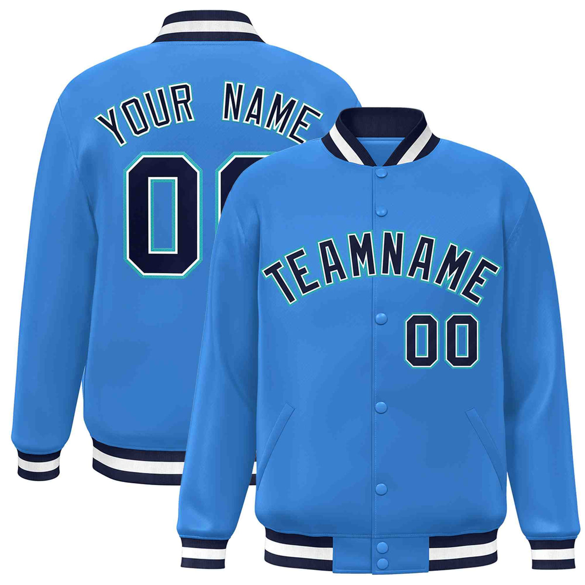 Custom Powder Blue Navy-White Varsity  Jacket Classic Style Full-Snap Letterman