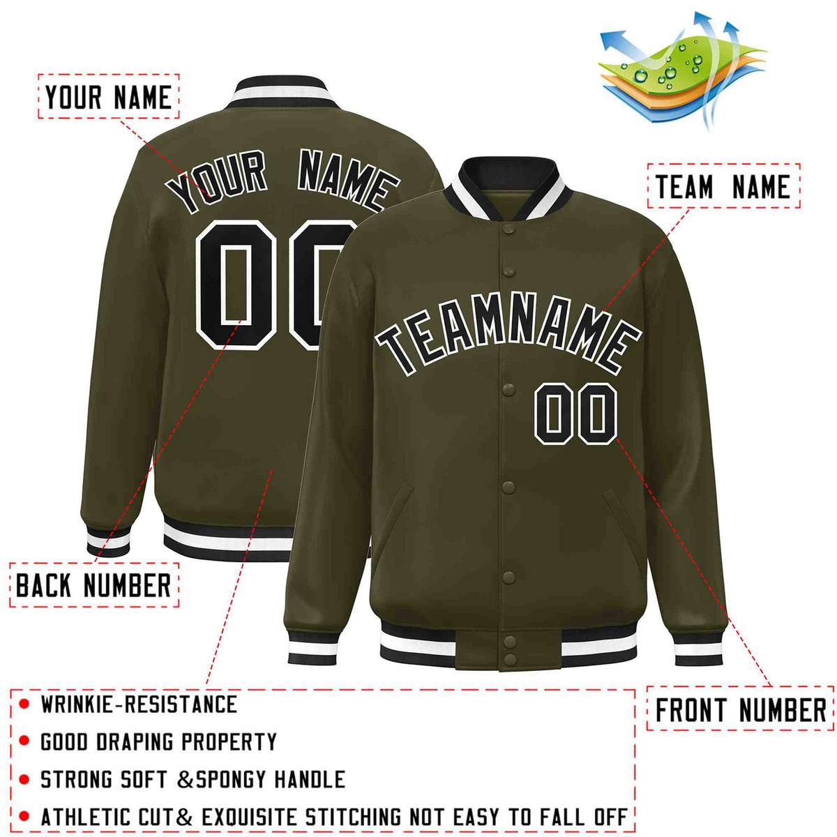 Custom Olive Black-White Varsity  Jacket Classic Style Full-Snap Letterman